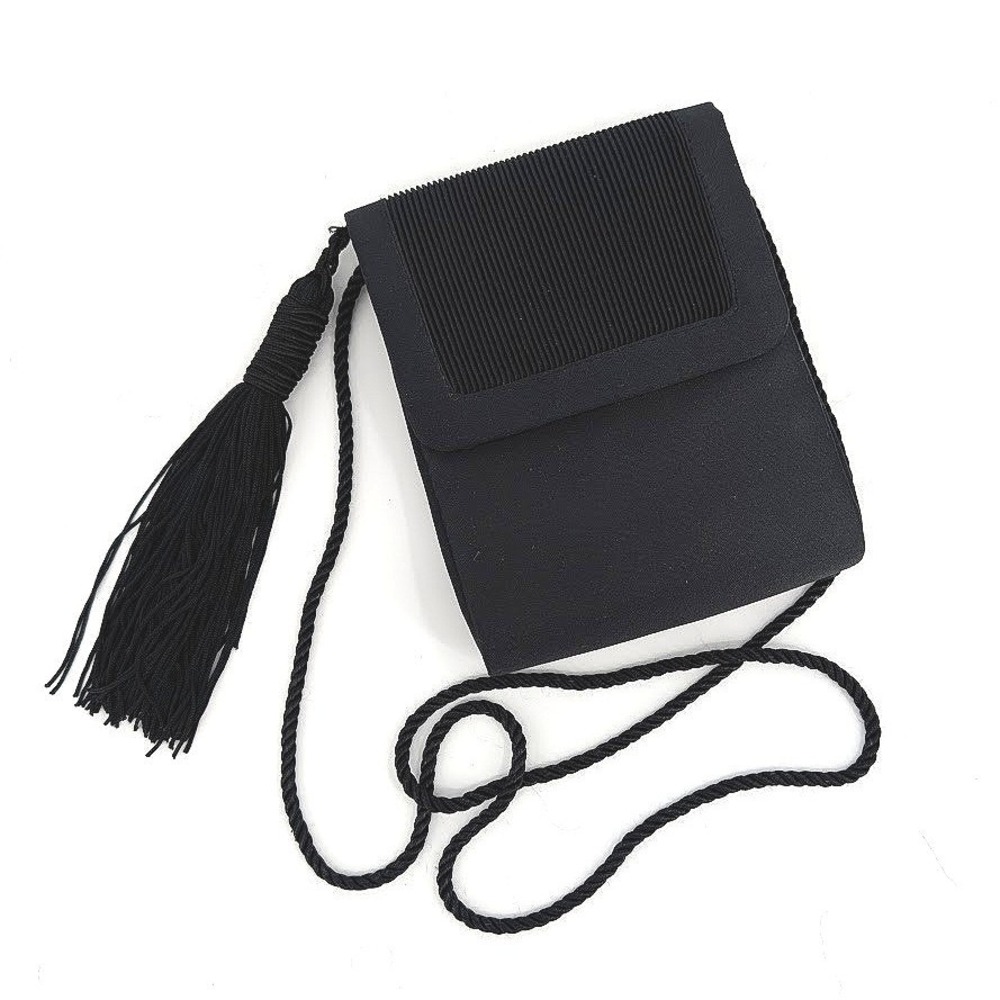 Lord & Taylor Vintage Black Satin‎ Evening Bag Pleated Tassel Crossbody Clutch